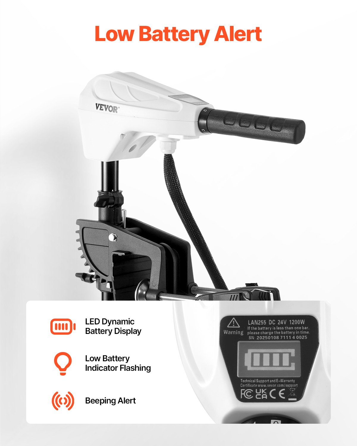 VEVOR Motore Elettrico per Barca da Pesca alla Traina, Motore Fuoribordo 24 V, Spinta 86 libbre, Motore per Barca 8 Velocità con Indicatore di Batteria per Kayak, Barche da Pesca Acqua Dolce/Salata