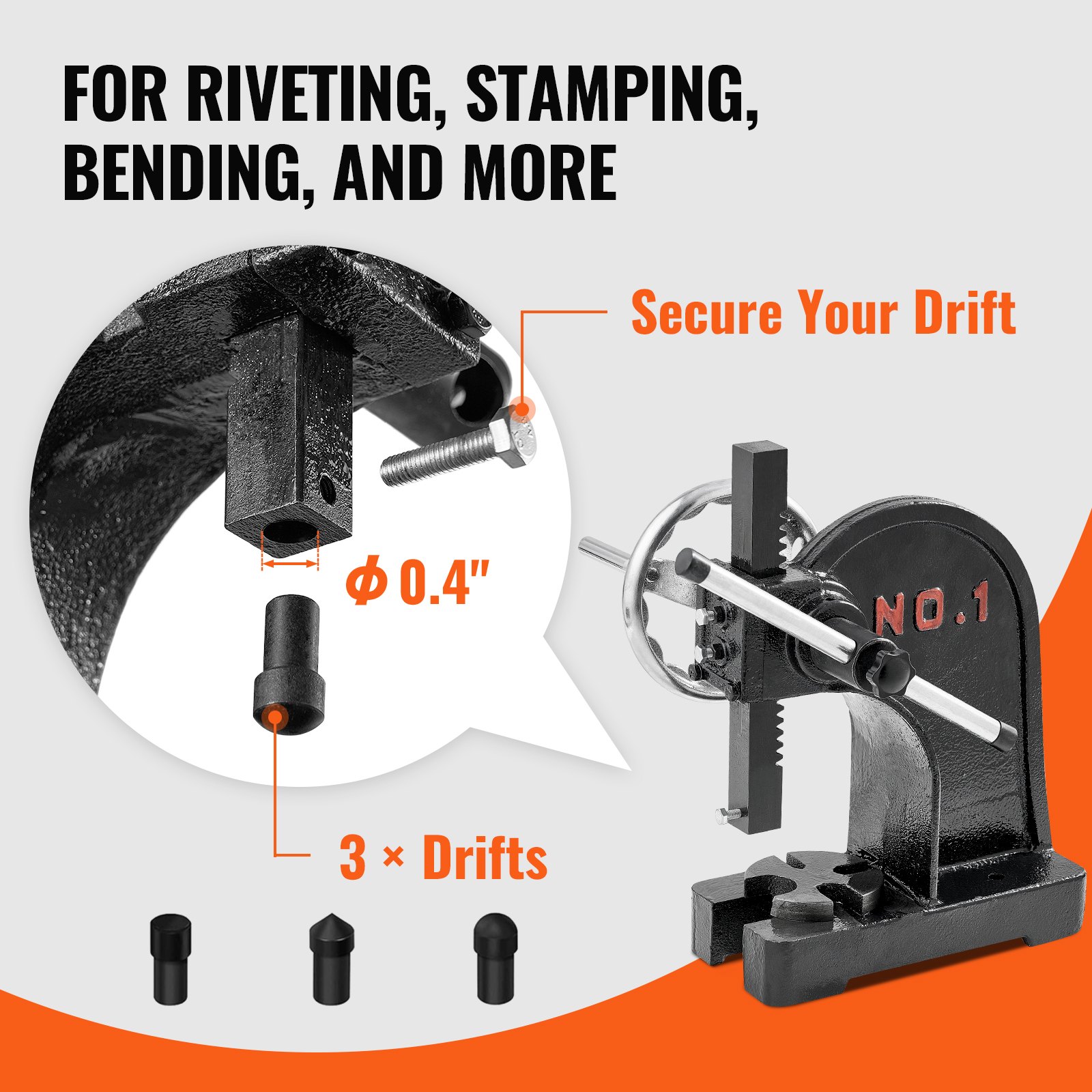 VEVOR Mandrel Press, 1 t Hand Lever Press, Manual Mandrel Press Precision Hand Press, 135 mm Maximum Height, Manual Desktop Cast Iron Punching Press, for Punching, Bending, Stretching, Forming