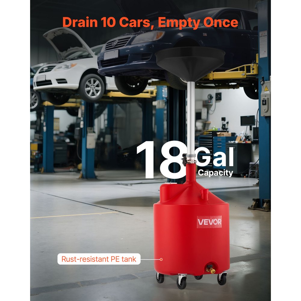 VEVOR Serbatoio di Scarico per Fluidi Industriali, 68 L con Regolabile Imbuto, Ruote, Drenaggio per Trasferimento di Carburante Fluido, per Officine di Riparazione Auto, per Olio Esausto, Rosso