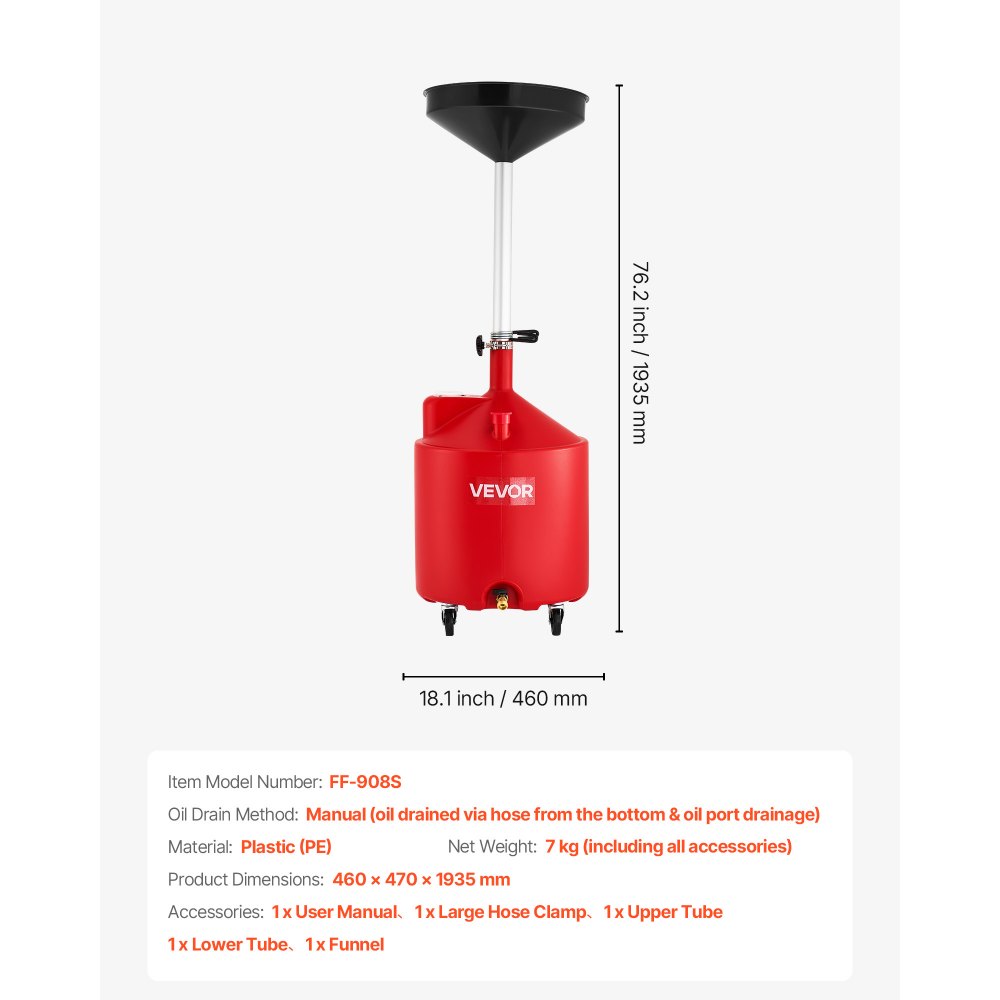 VEVOR Serbatoio di Scarico per Fluidi Industriali, 68 L con Regolabile Imbuto, Ruote, Drenaggio per Trasferimento di Carburante Fluido, per Officine di Riparazione Auto, per Olio Esausto, Rosso