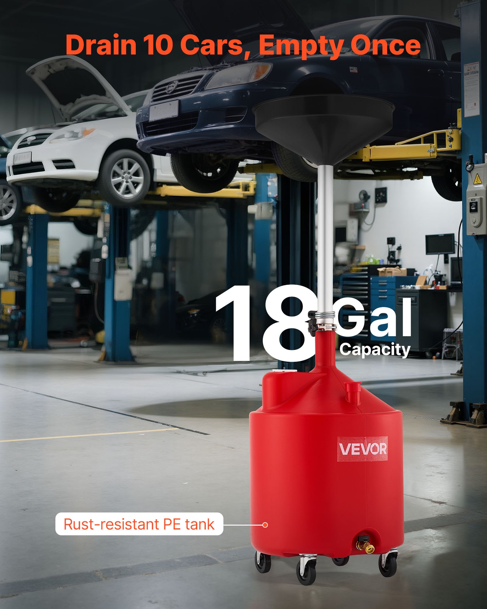 VEVOR Serbatoio di Scarico per Fluidi Industriali, 68 L con Regolabile Imbuto, Ruote, Drenaggio per Trasferimento di Carburante Fluido, per Officine di Riparazione Auto, per Olio Esausto, Rosso