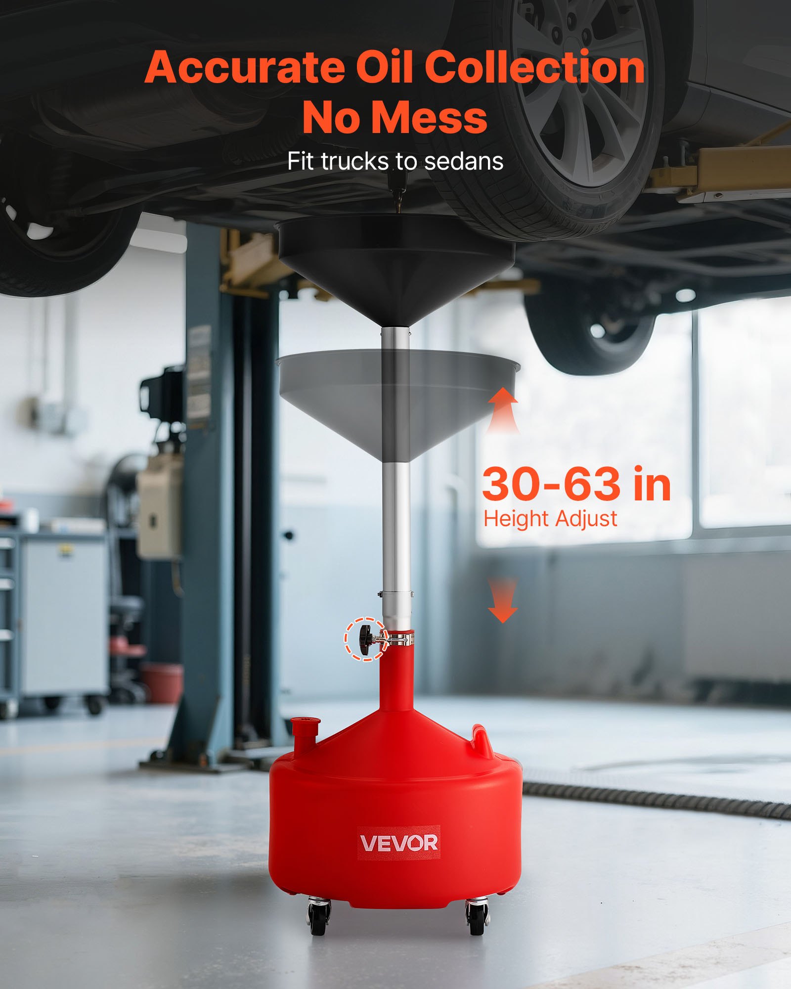 VEVOR 30L Waste Oil Drain Tank, Industrial Fluid Drain Tank with Adjustable Funnel Height, Portable Oil Drainer with Wheels, Fluid Fuel Transfer Drainage for Auto Repair Shops, Garages, Red