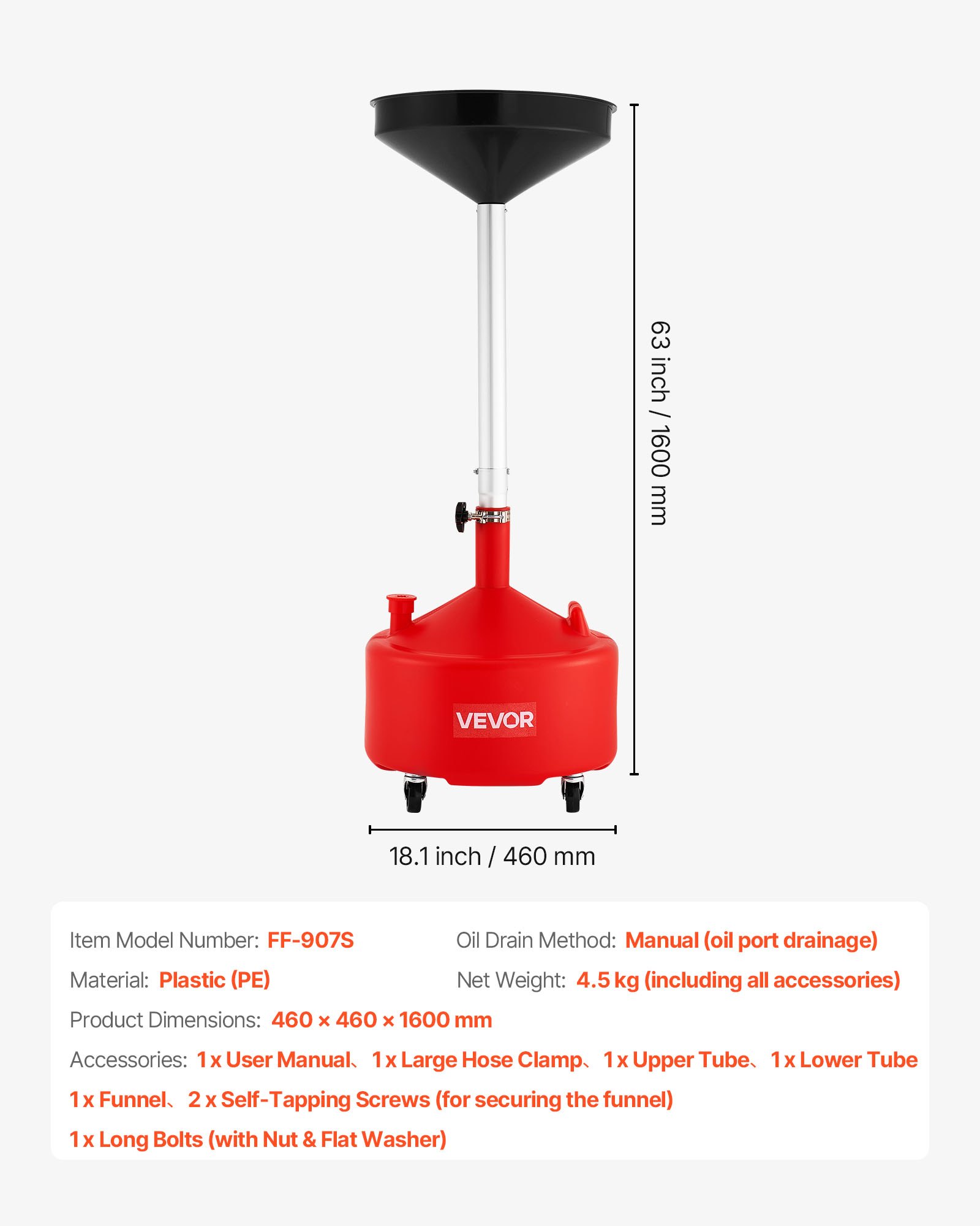 VEVOR 30L Waste Oil Drain Tank, Industrial Fluid Drain Tank with Adjustable Funnel Height, Portable Oil Drainer with Wheels, Fluid Fuel Transfer Drainage for Auto Repair Shops, Garages, Red