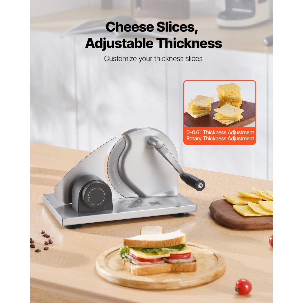VEVOR Manual Bread Slicer, 0-15mm Adjustable Thickness Cheese Cutter, Hand-Cranked Bread Slicer with Micro-Serrated Stainless Steel Blade for Kitchen, Bakery, Party