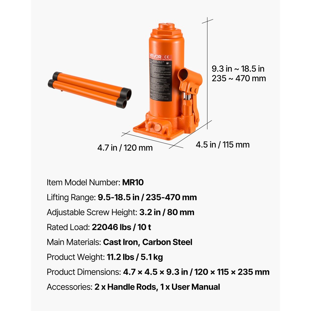 VEVOR Cric a Bottiglia Pneumatico Idraulico da 10 Tonnellate Intervallo di Sollevamento da 235 a 470 mm, Martinetto a Bottiglia Pneumatico Manuale con Pompa per Auto, Camion, SUV, Rosso