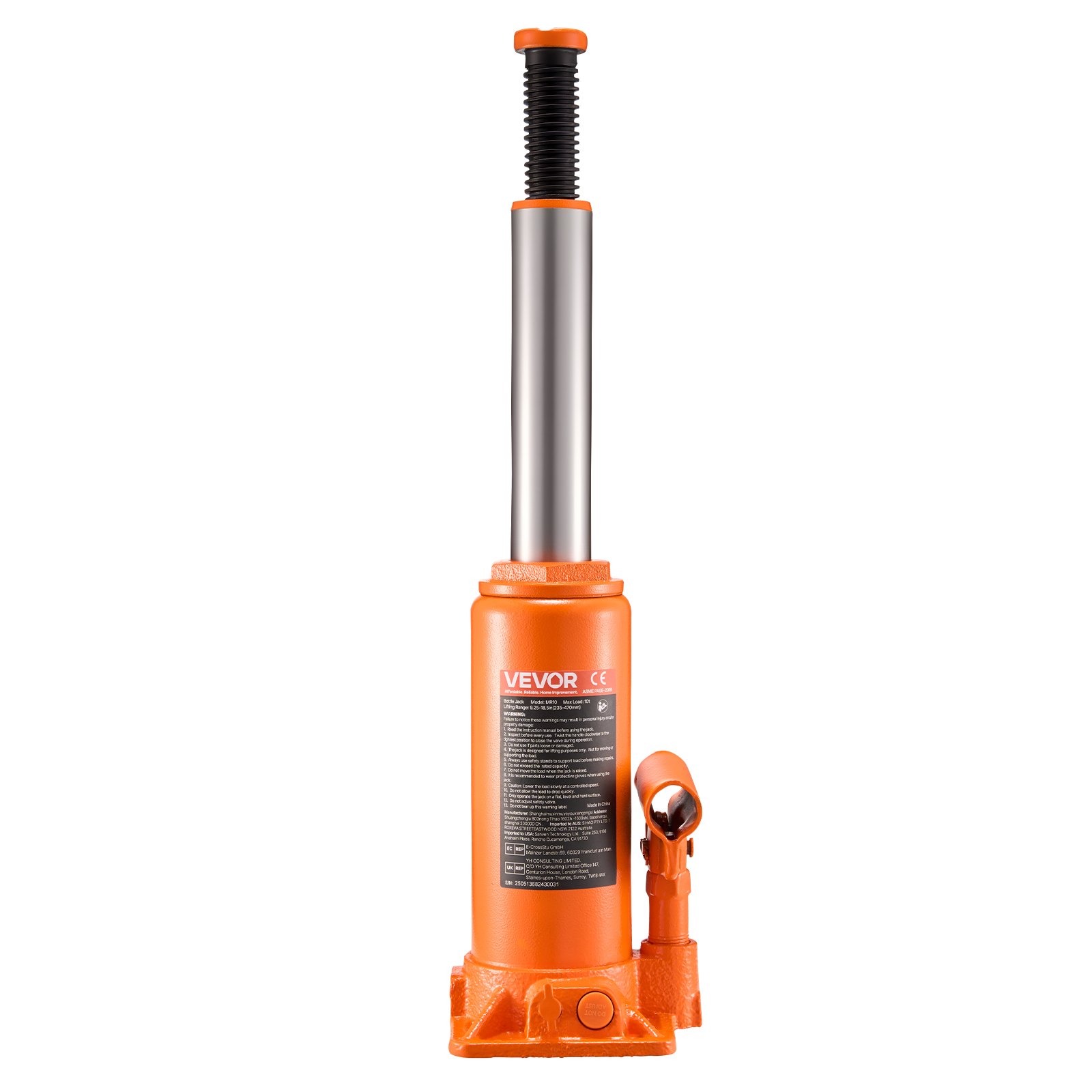 VEVOR Hydraulic Bottle Jack, 10 Ton Load Capacity, 235-470 mm Lifting Range, Heavy Duty Hydraulic Welded Bottle Jack for Car, SUV, Pickup, Auto Repair, House Lift and Agricultural Equipment, Orange