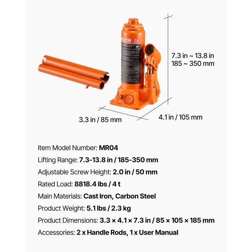 VEVOR Cric a Bottiglia Pneumatico Idraulico da 4 Tonnellate Intervallo di Sollevamento da 185 a 350 mm, Martinetto a Bottiglia Pneumatico Manuale con Pompa per Auto, Camion, SUV, Arancione