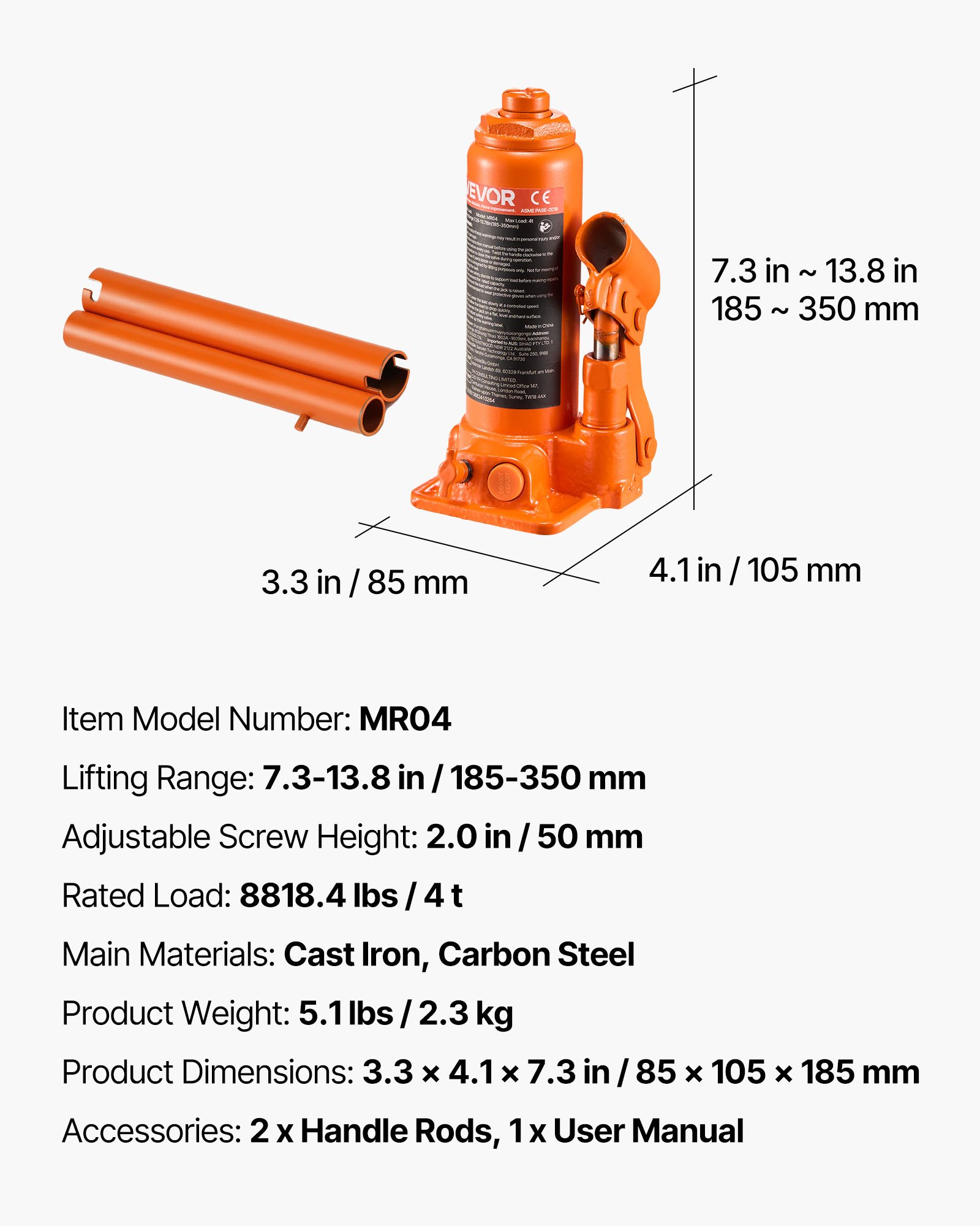 VEVOR Cric a Bottiglia Pneumatico Idraulico da 4 Tonnellate Intervallo di Sollevamento da 185 a 350 mm, Martinetto a Bottiglia Pneumatico Manuale con Pompa per Auto, Camion, SUV, Arancione