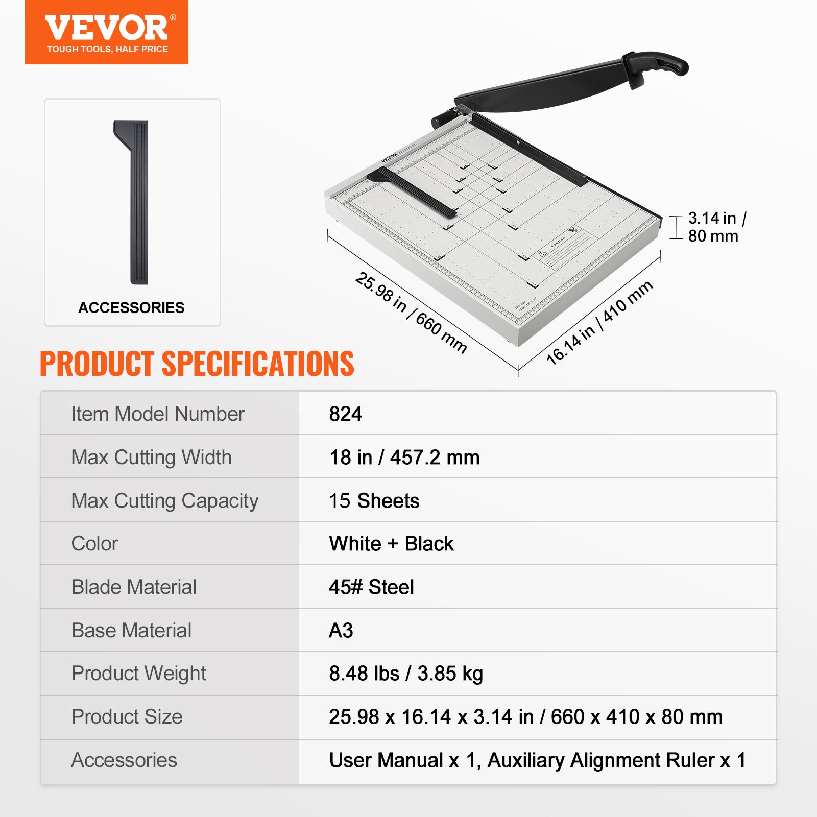 VEVOR Tagliacarte a Leva, Larghezza Taglio Massima 457mm Taglierina Manuale, Capacità max. 20 Fogli, Binario Protezione/Blocco Lama per Cartone, Tagliacarte Manuale a Leva Uso Domestico Commerciale