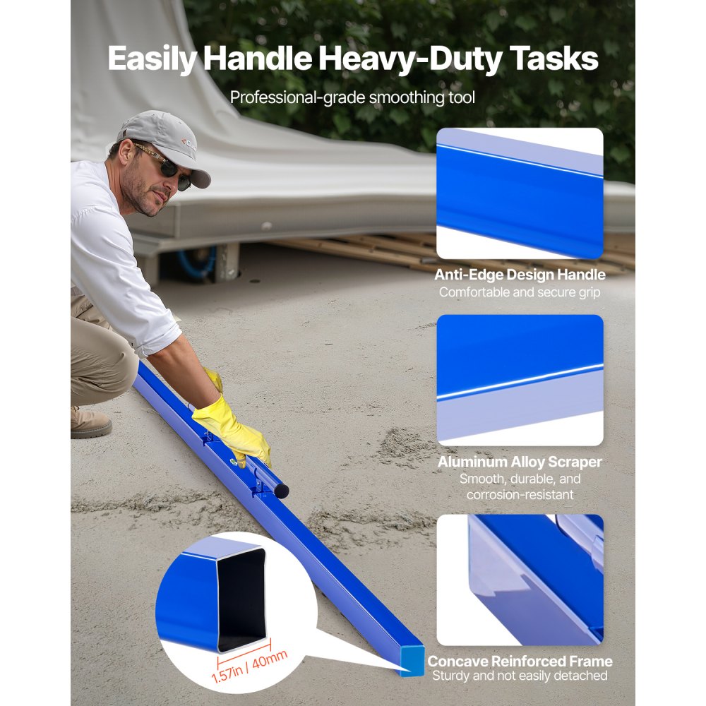 VEVOR concrete screed, 240 cm screed with spirit level, easy cleaning & end cap design, aluminum & reversible handle for leveling floors, for small construction sites & home renovations