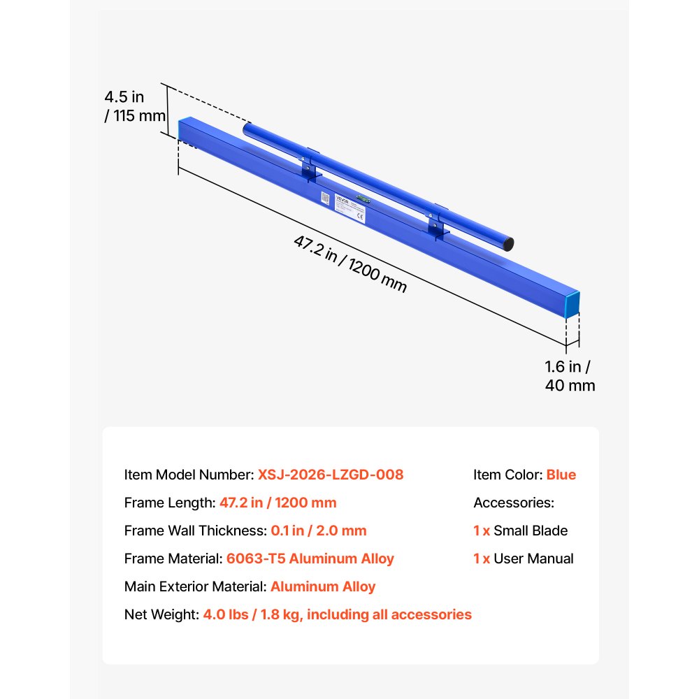 VEVOR Staggia Manuale per Calcestruzzo 1200 mm, in Lega di Alluminio Blu, Staggia Manuale Monopezzo per Cemento, Livella a Bolla Integrata, Verniciatura a Polvere, Leggera, per Pavimenti di Garage