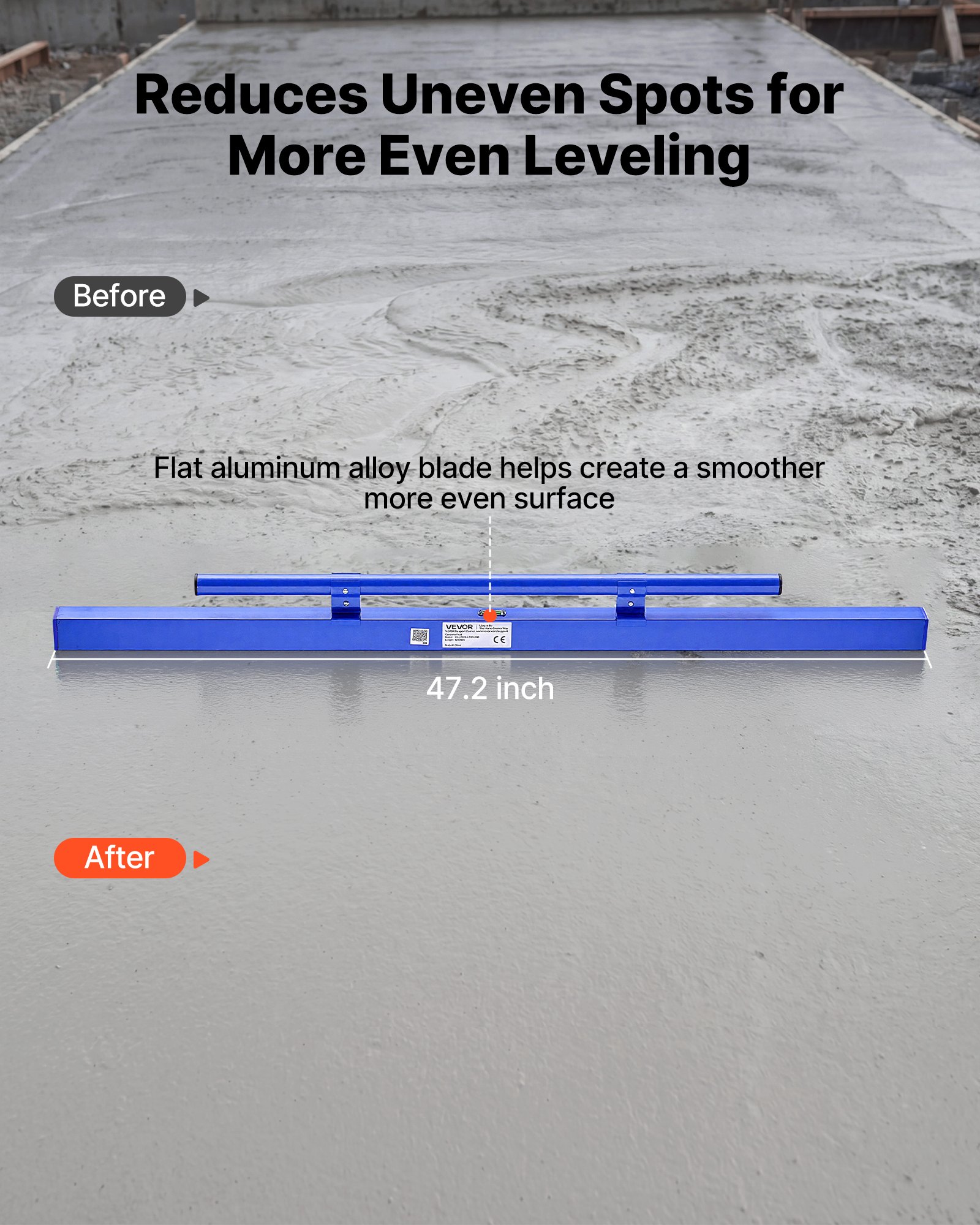 VEVOR Staggia Manuale per Calcestruzzo 1200 mm, in Lega di Alluminio Blu, Staggia Manuale Monopezzo per Cemento, Livella a Bolla Integrata, Verniciatura a Polvere, Leggera, per Pavimenti di Garage