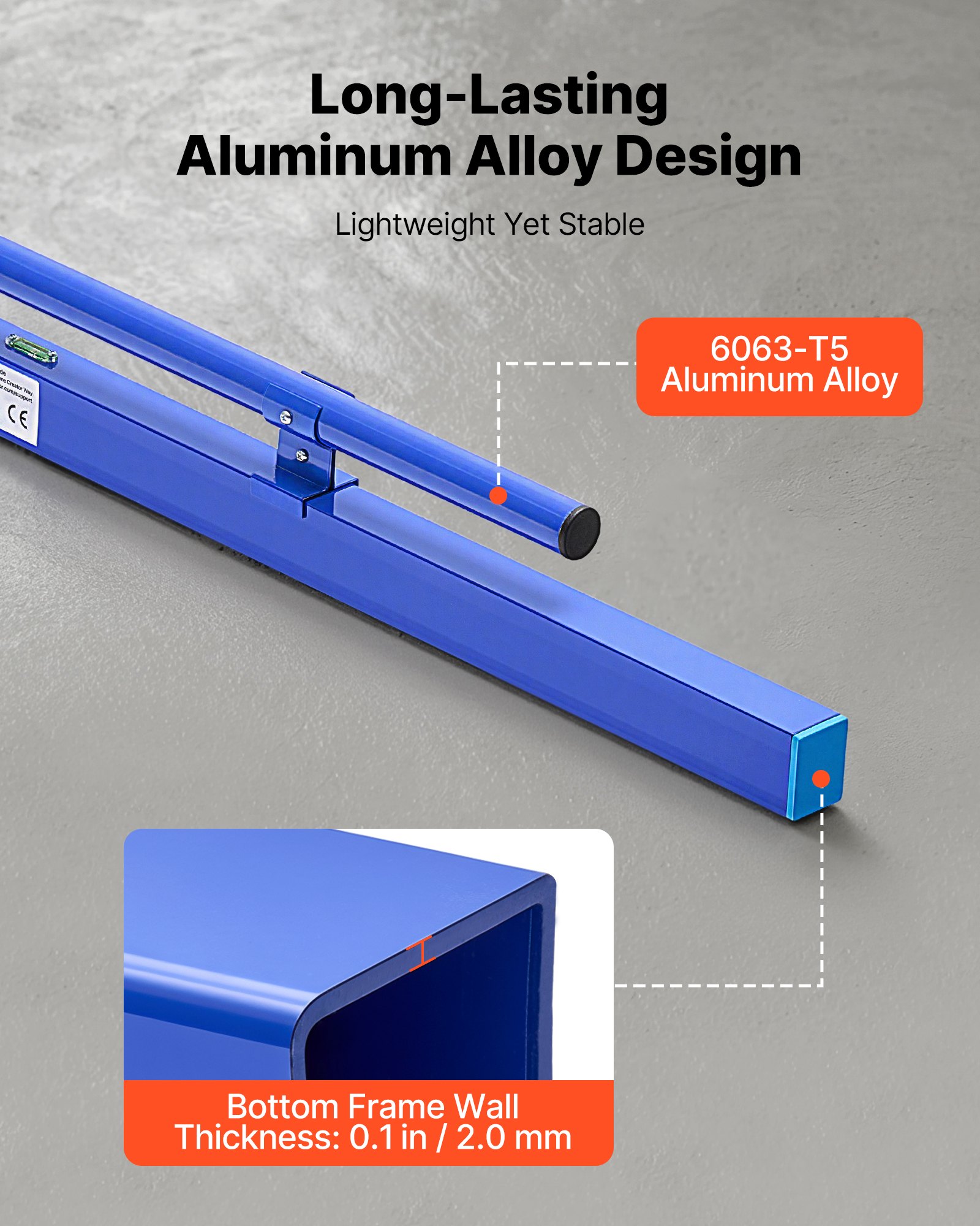 VEVOR Staggia Manuale per Calcestruzzo 1200 mm, in Lega di Alluminio Blu, Staggia Manuale Monopezzo per Cemento, Livella a Bolla Integrata, Verniciatura a Polvere, Leggera, per Pavimenti di Garage