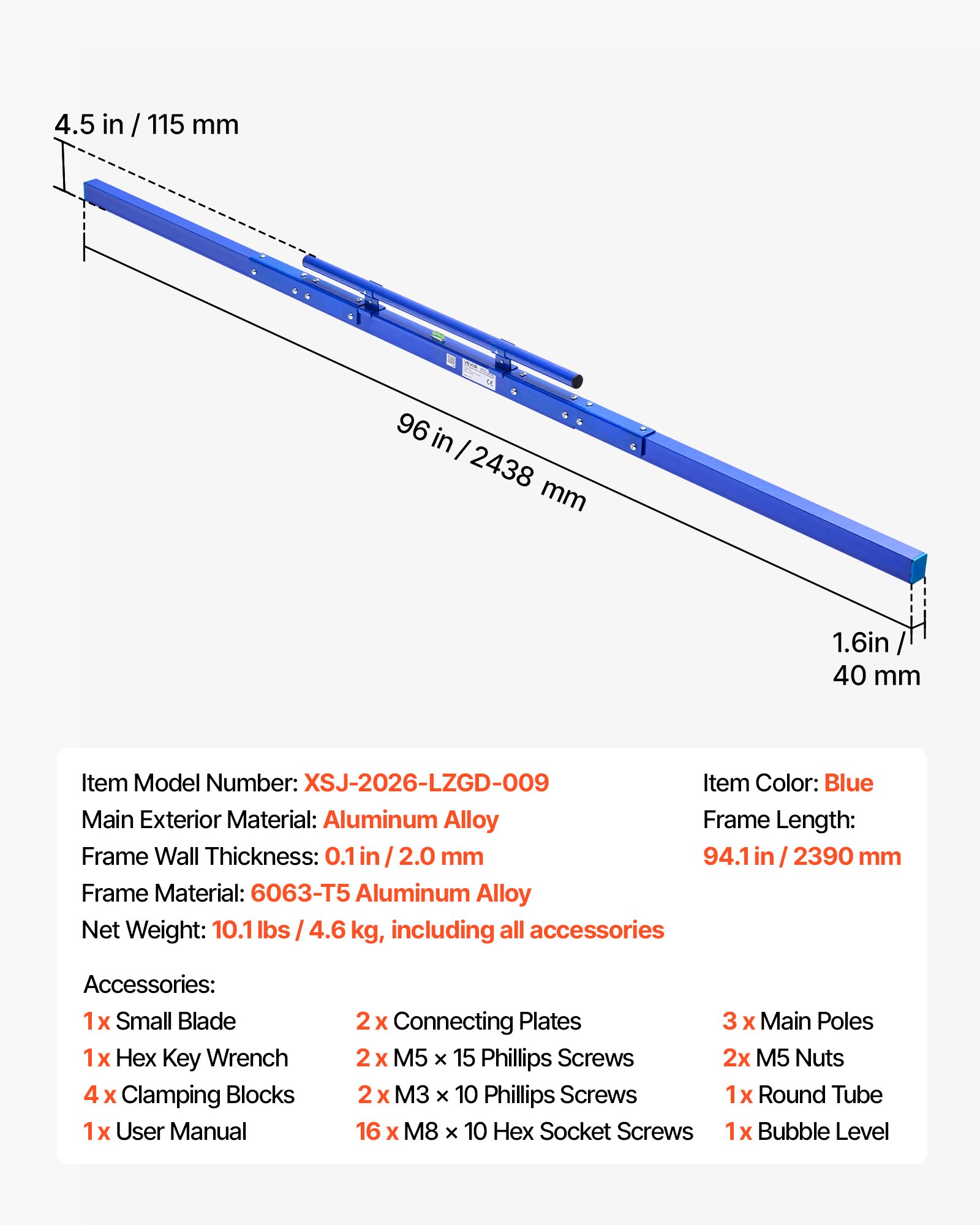 VEVOR Staggia Manuale per Calcestruzzo 2430 mm, in Lega di Alluminio Blu, Staggia Manuale Monopezzo, Livella a Bolla Integrata, Verniciatura a Polvere, Leggera, per Marciapiedi e Pavimenti di Garage