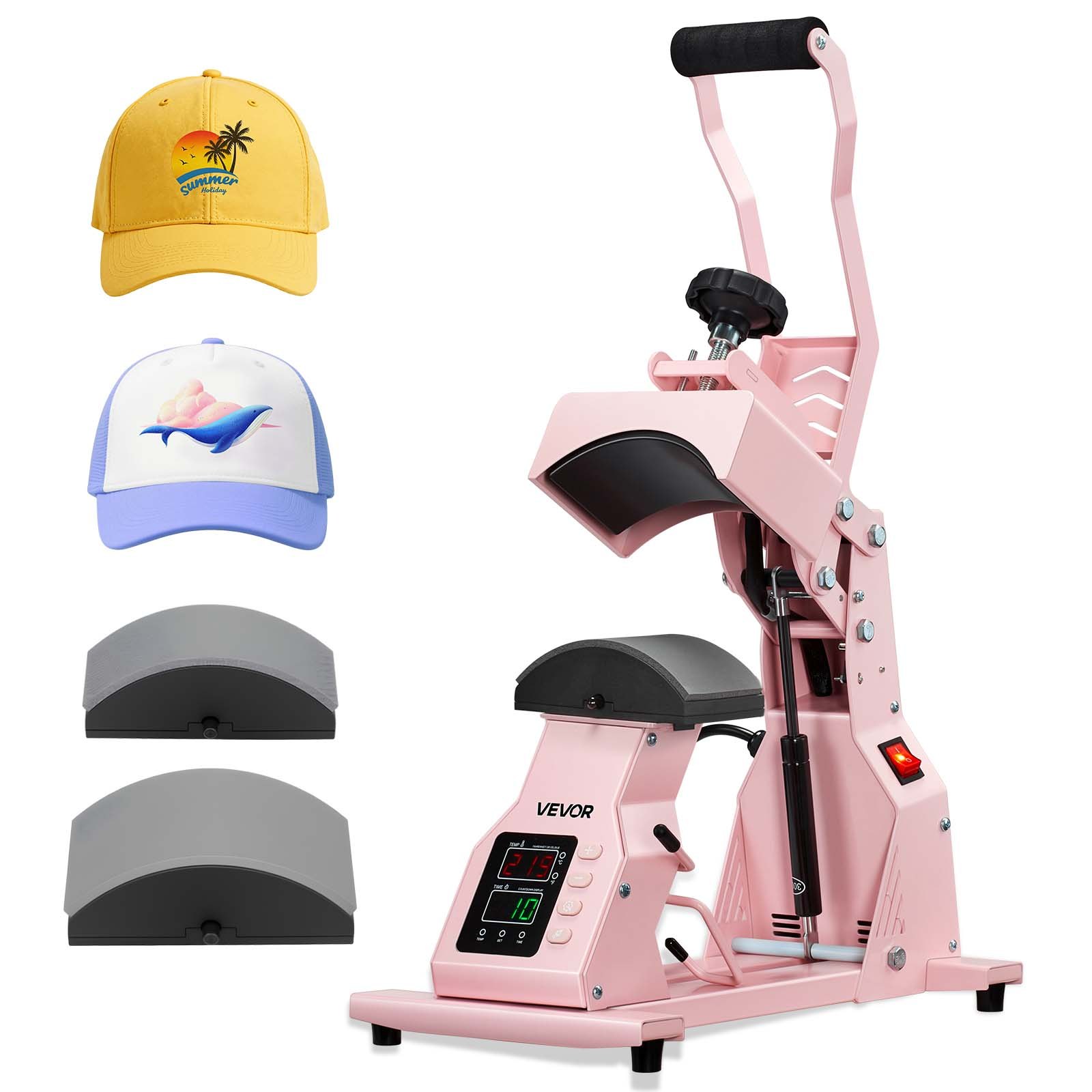 VEVOR Pressa a Caldo per Cappelli con 2 Piastre Intercambiabili, Macchina per Pressatura a Caldo per Cappelli con Controllo della Temperatura e del Tempo, per Cappellini, Fasce, Mascherine, Rosa