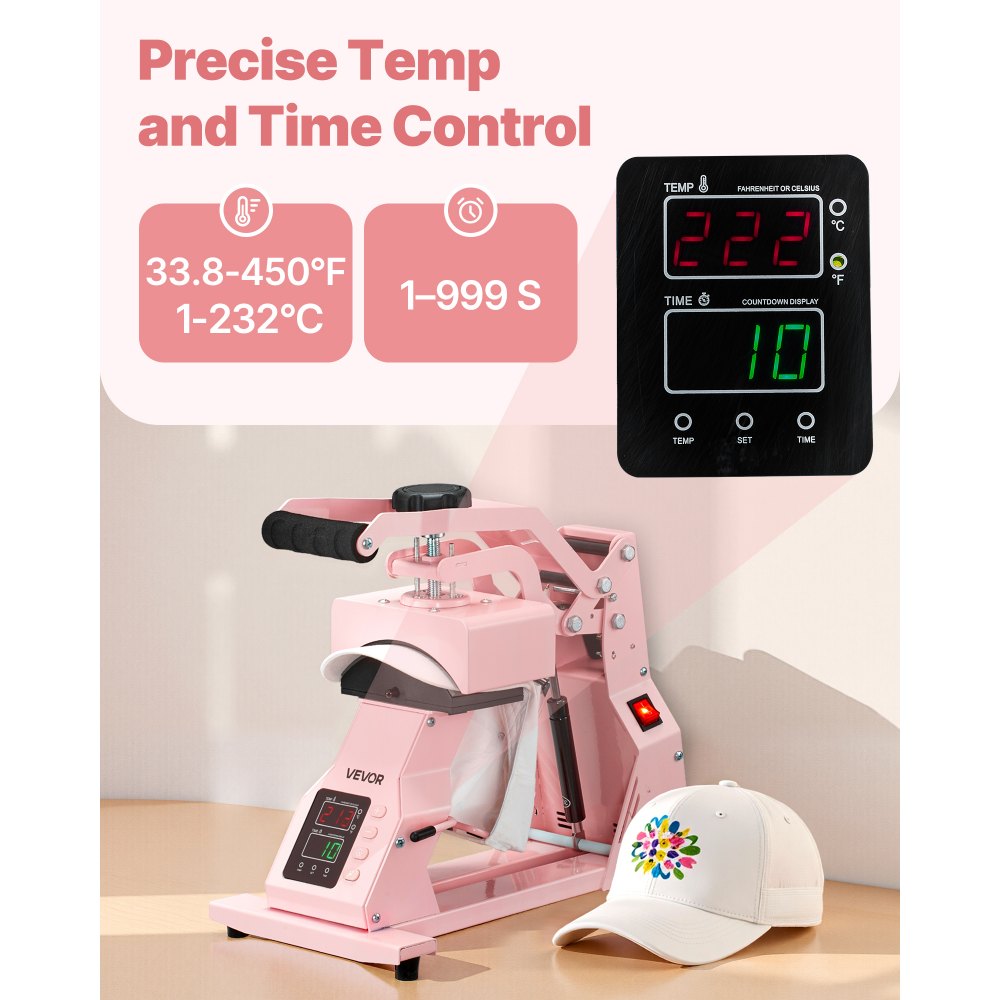 VEVOR Pressa a Caldo per Cappelli con 4 Piastre Intercambiabili, Macchina per Pressatura a Caldo per Cappelli con Controllo della Temperatura e del Tempo, per Cappellini, Fasce, Mascherine, Rosa