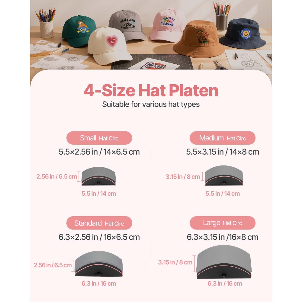 VEVOR Pressa a Caldo per Cappelli con 4 Piastre Intercambiabili, Macchina per Pressatura a Caldo per Cappelli con Controllo della Temperatura e del Tempo, per Cappellini, Fasce, Mascherine, Rosa