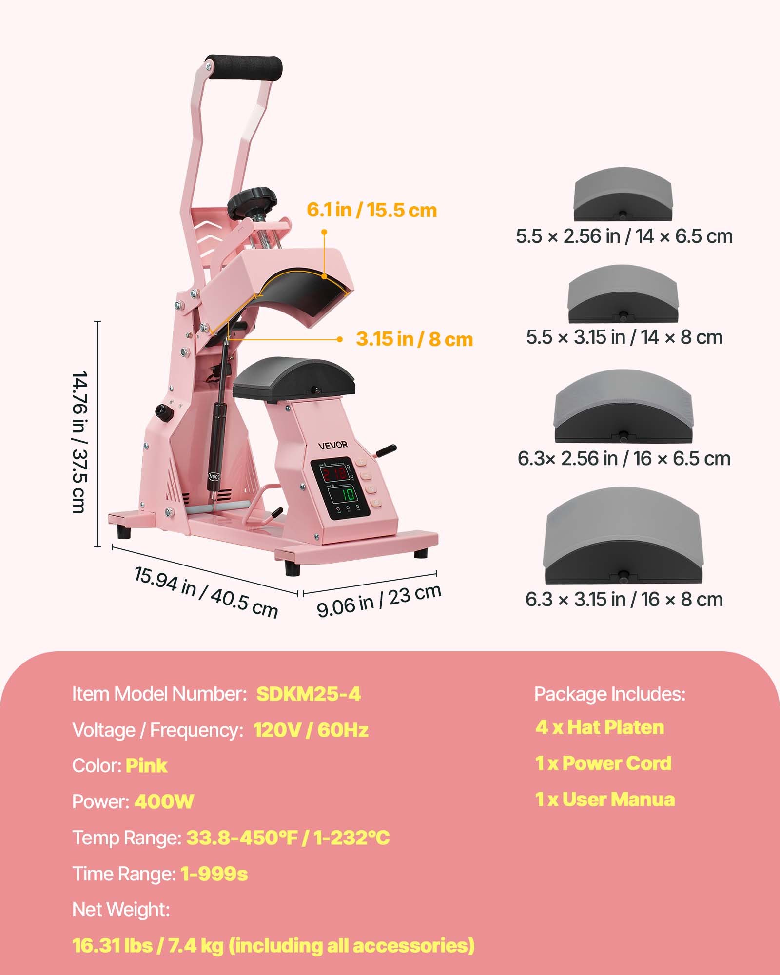 VEVOR Pressa a Caldo per Cappelli con 4 Piastre Intercambiabili, Macchina per Pressatura a Caldo per Cappelli con Controllo della Temperatura e del Tempo, per Cappellini, Fasce, Mascherine, Rosa