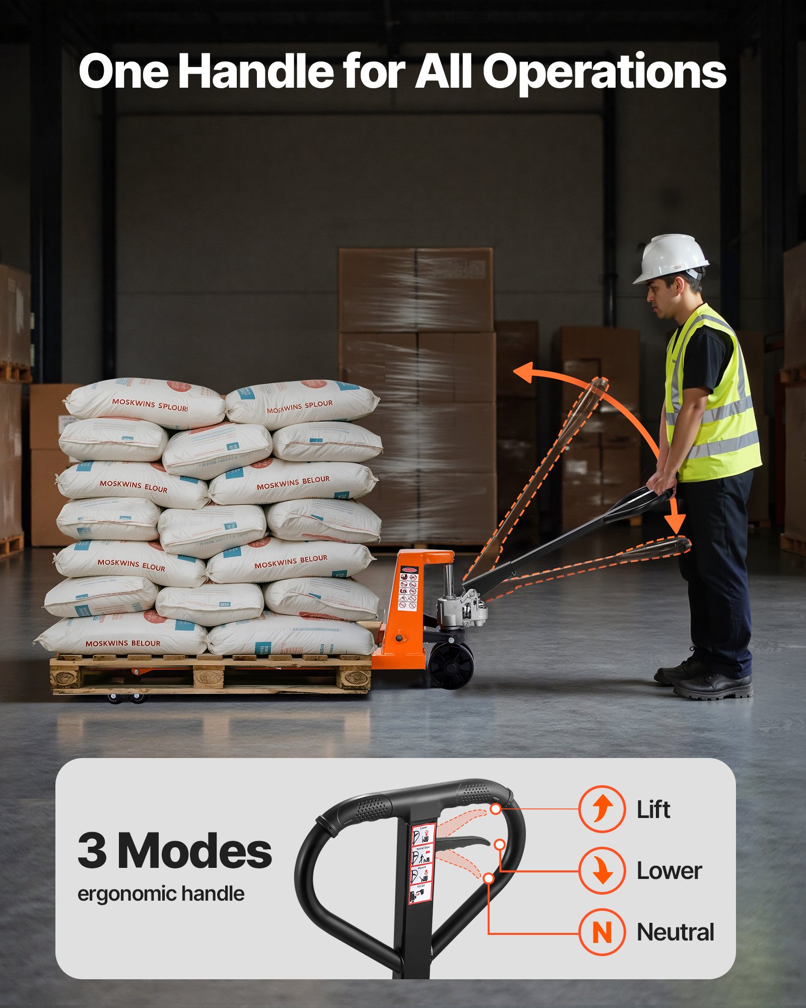 VEVOR Transpallet, Capacità 3 T, Transpallet Manuale con Forche da 1620 x 685 x 1225 mm per Movimentazione Materiali, Altezza di Sollevamento Forche 85-180 mm, per Magazzino, Supermercato