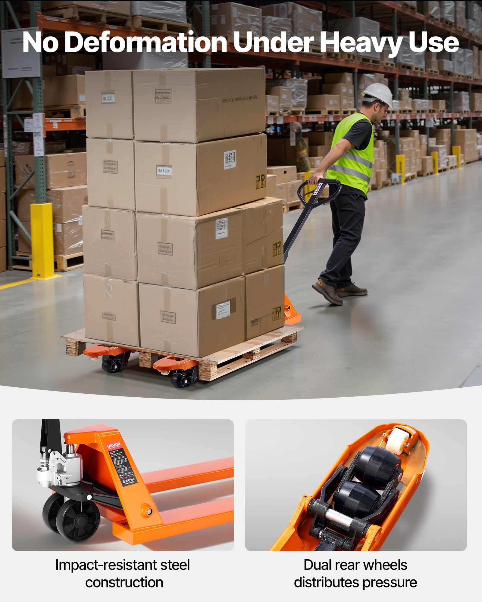 VEVOR Transpallet, Capacità 3 T, Transpallet Manuale con Forche da 1620 x 685 x 1225 mm per Movimentazione Materiali, Altezza di Sollevamento Forche 85-180 mm, per Magazzino, Supermercato