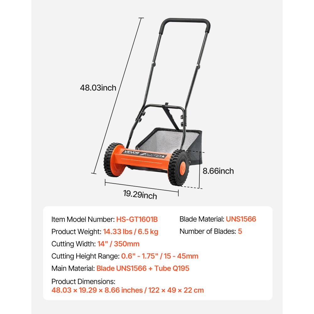 VEVOR Push Reel Lawn Mower 35 cm, 5 Blades Manual Push Mower No Motor, 15-45 mm Adjustable Cutting Height, Walk-Behind Lawn Mowers with Grass Catcher Bag for Green Lawns, Driveways, Courtyards