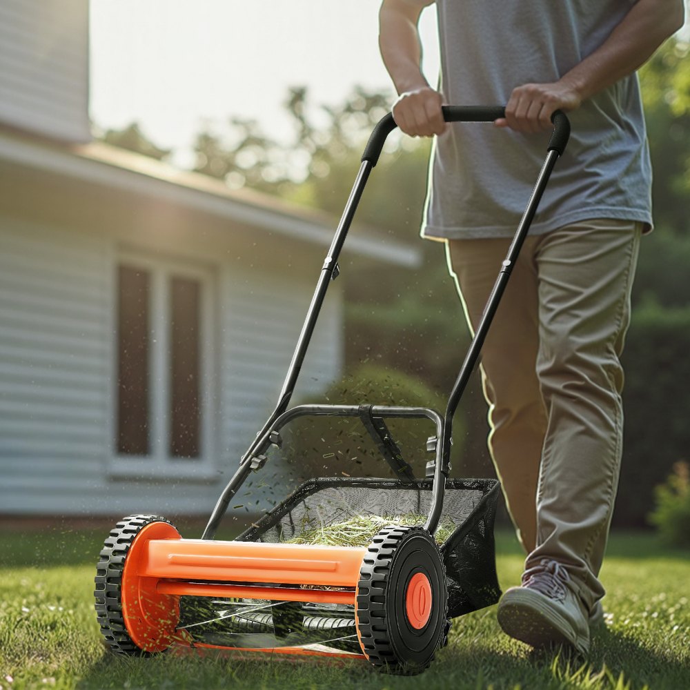 VEVOR Tosaerba a Spinta Manuale con 5 Lame Larghezza di Taglio 400 mm, Senza Motore, Altezza di Taglio Regolabile da 15 - 45 mm, Rasaerba a Spinta con Sacco Raccoglierba per Giardino Prato