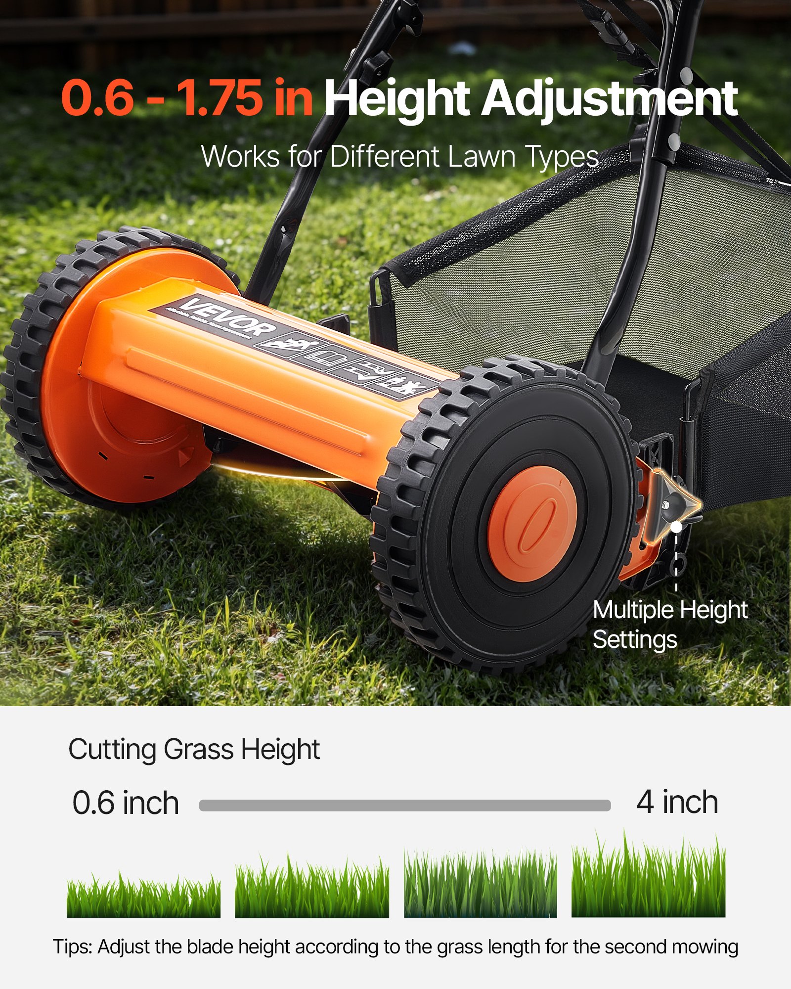 VEVOR Push Reel Lawn Mower 40 cm, 5 Blades Manual Push Mower No Motor, 15-45 mm Adjustable Cutting Height, Walk-Behind Lawn Mowers with Grass Catcher Bag for Green Lawns, Driveways, Courtyards