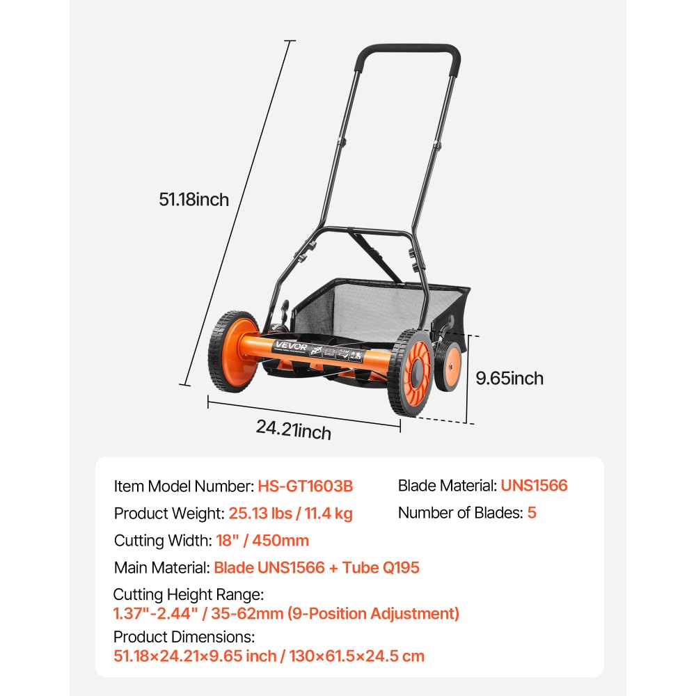 VEVOR Tosaerba a Spinta Manuale con 5 Lame Larghezza di Taglio 450 mm, Senza Motore, Altezza di Taglio Regolabile da 35 - 62 mm, Rasaerba a Spinta 4 Ruote Sacco Raccoglierba per Giardino Prato