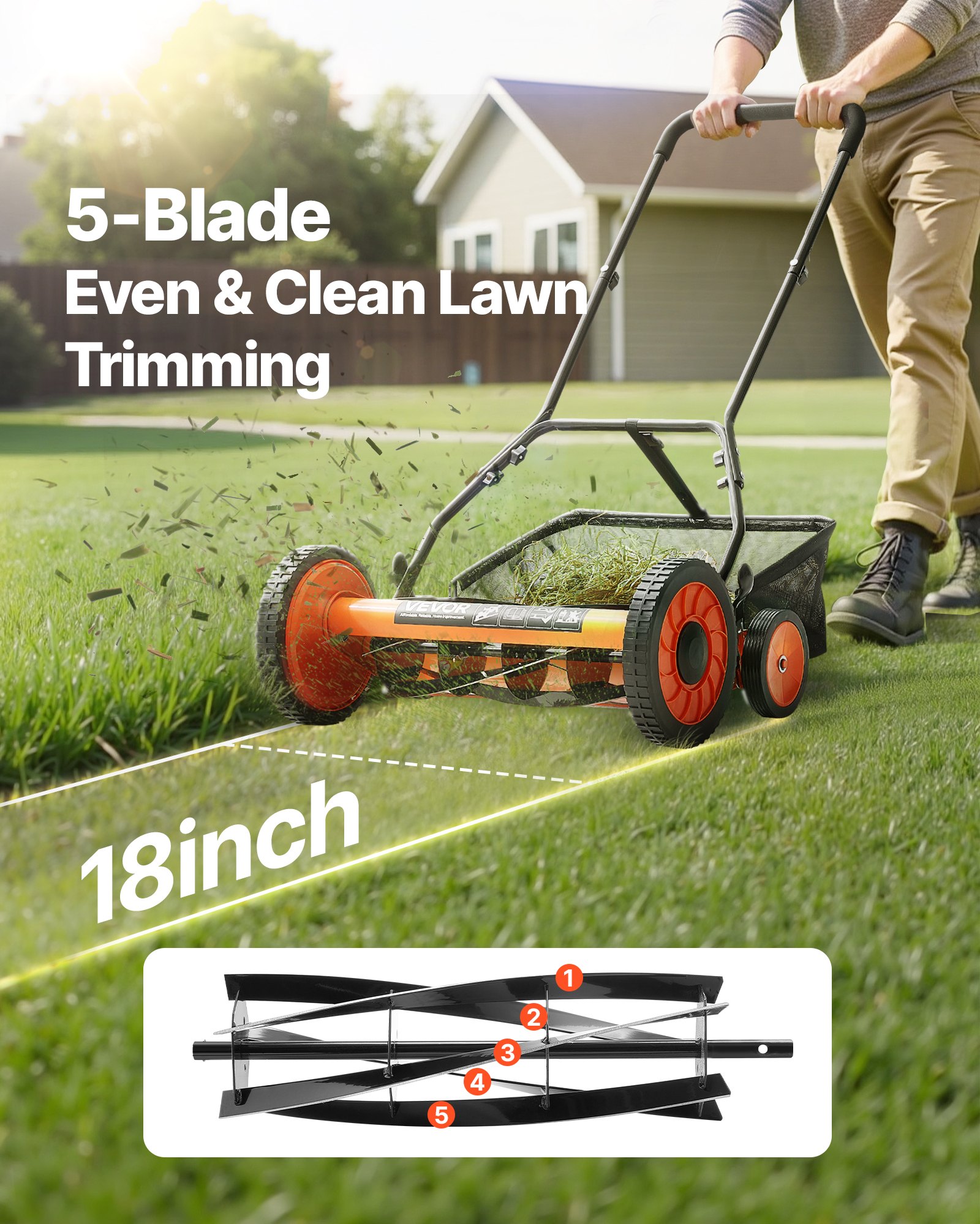 VEVOR Tosaerba a Spinta Manuale con 5 Lame Larghezza di Taglio 450 mm, Senza Motore, Altezza di Taglio Regolabile da 35 - 62 mm, Rasaerba a Spinta 4 Ruote Sacco Raccoglierba per Giardino Prato