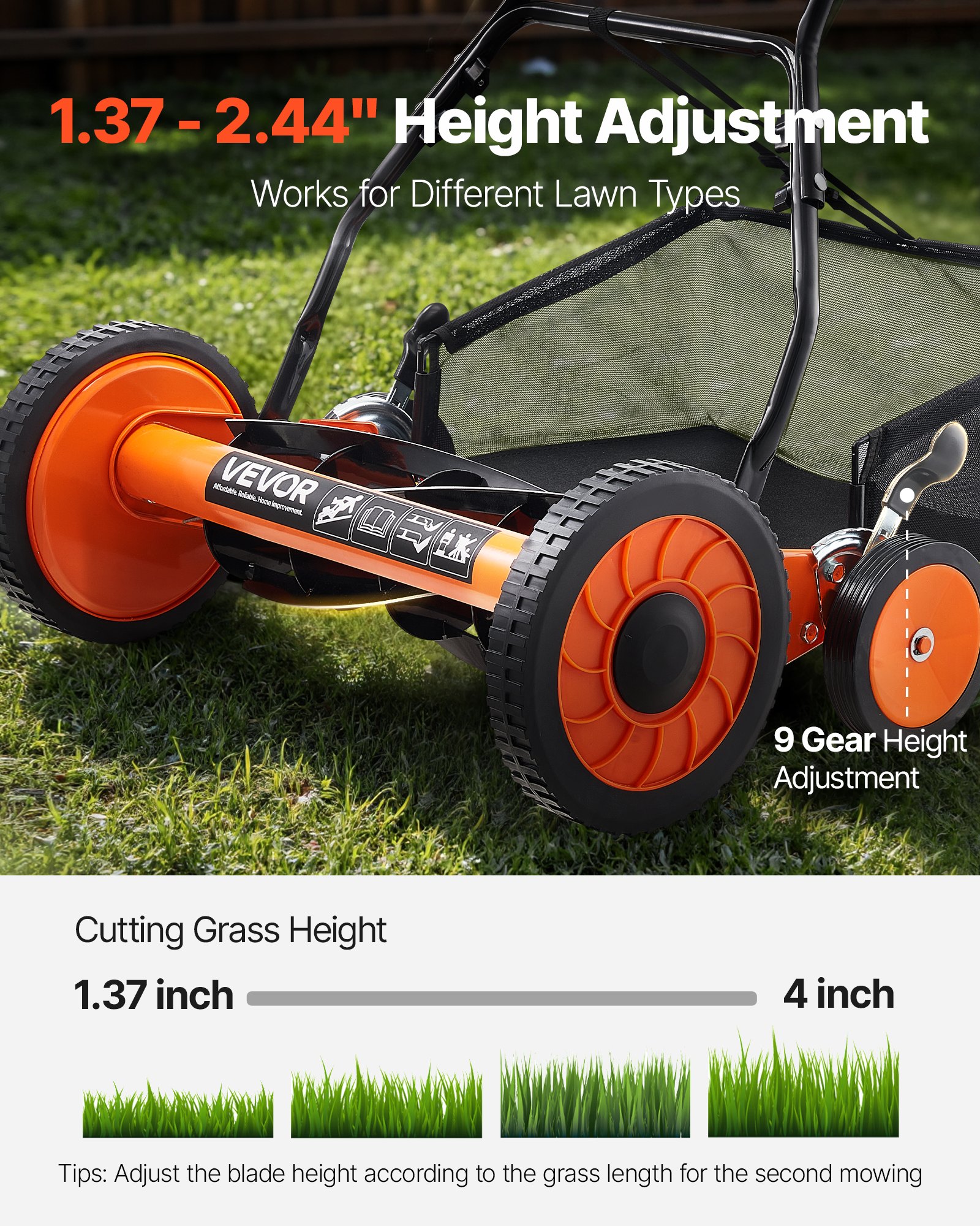 VEVOR Tosaerba a Spinta Manuale con 5 Lame Larghezza di Taglio 450 mm, Senza Motore, Altezza di Taglio Regolabile da 35 - 62 mm, Rasaerba a Spinta 4 Ruote Sacco Raccoglierba per Giardino Prato