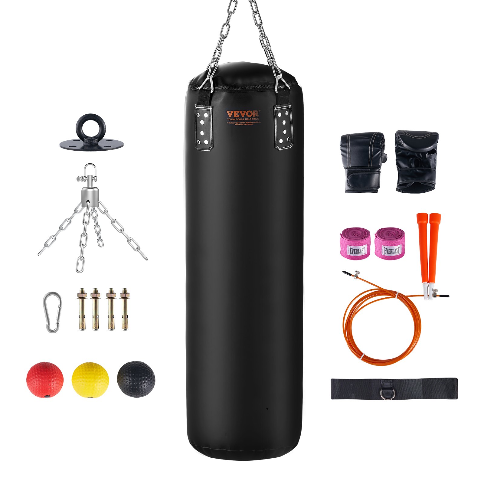 VEVOR Sacco da boxe pesante 120 cm con sacco da boxe, Set di sacco da boxe vuoto con guantoni da boxe, bende, catene, ganci da soffitto per MMA, kickboxing, Muay Thai, Giardino Palestra
