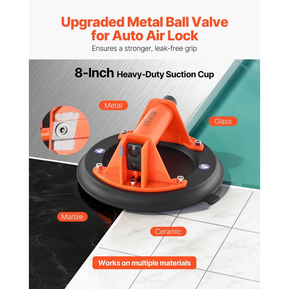 VEVOR Vacuum Suction Cup, 203 mm Vacuum Glass Lifter with ABS Handle, 180 kg Max Lifting Capacity Tile Suction Cup Tool with Carrying Case for Lifting Large Tile, Granite, Drywall, Windows (1-Pack)