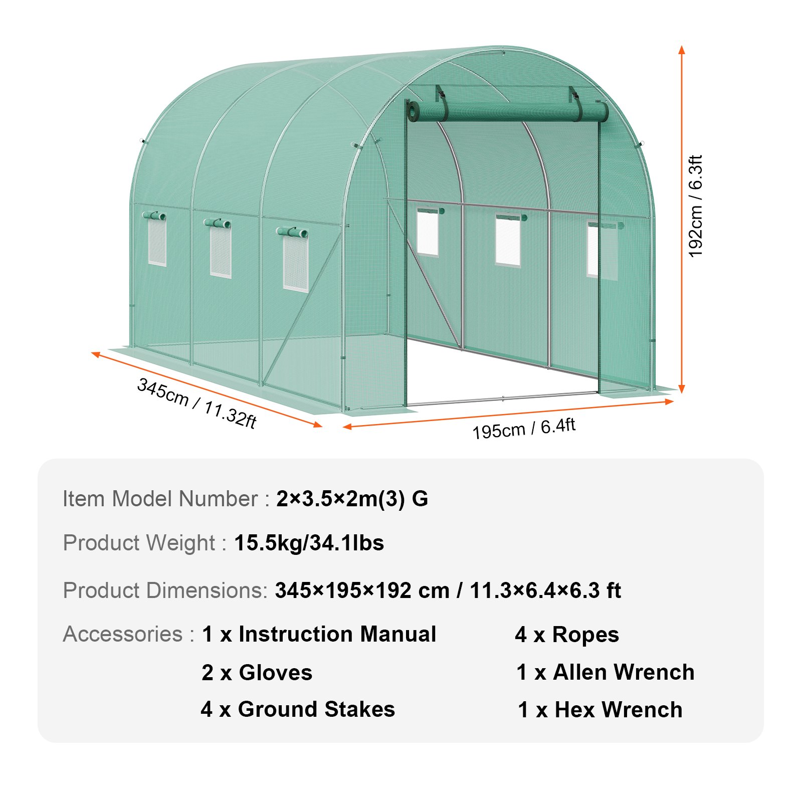 VEVOR walk-in tunnel greenhouse, 3.4 x 1.9 x 1.9 m, foil greenhouse tunnel, plant greenhouse with galvanized steel frame, green PE cover, roll-up zipper door and 6 windows for outdoor use