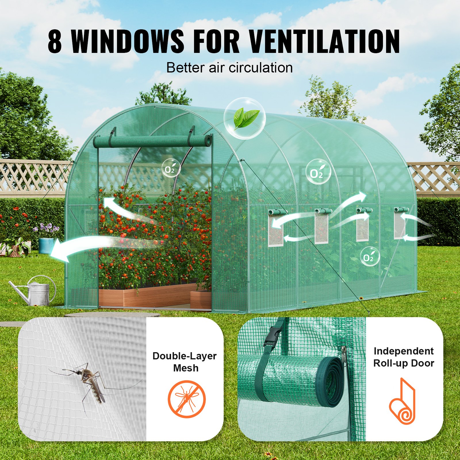 VEVOR walk-in tunnel greenhouse, 4.4 x 1.9 x 1.9 m, foil greenhouse tunnel, plant greenhouse with galvanized steel frame, green PE cover, roll-up zipper door and 8 windows for outdoor use