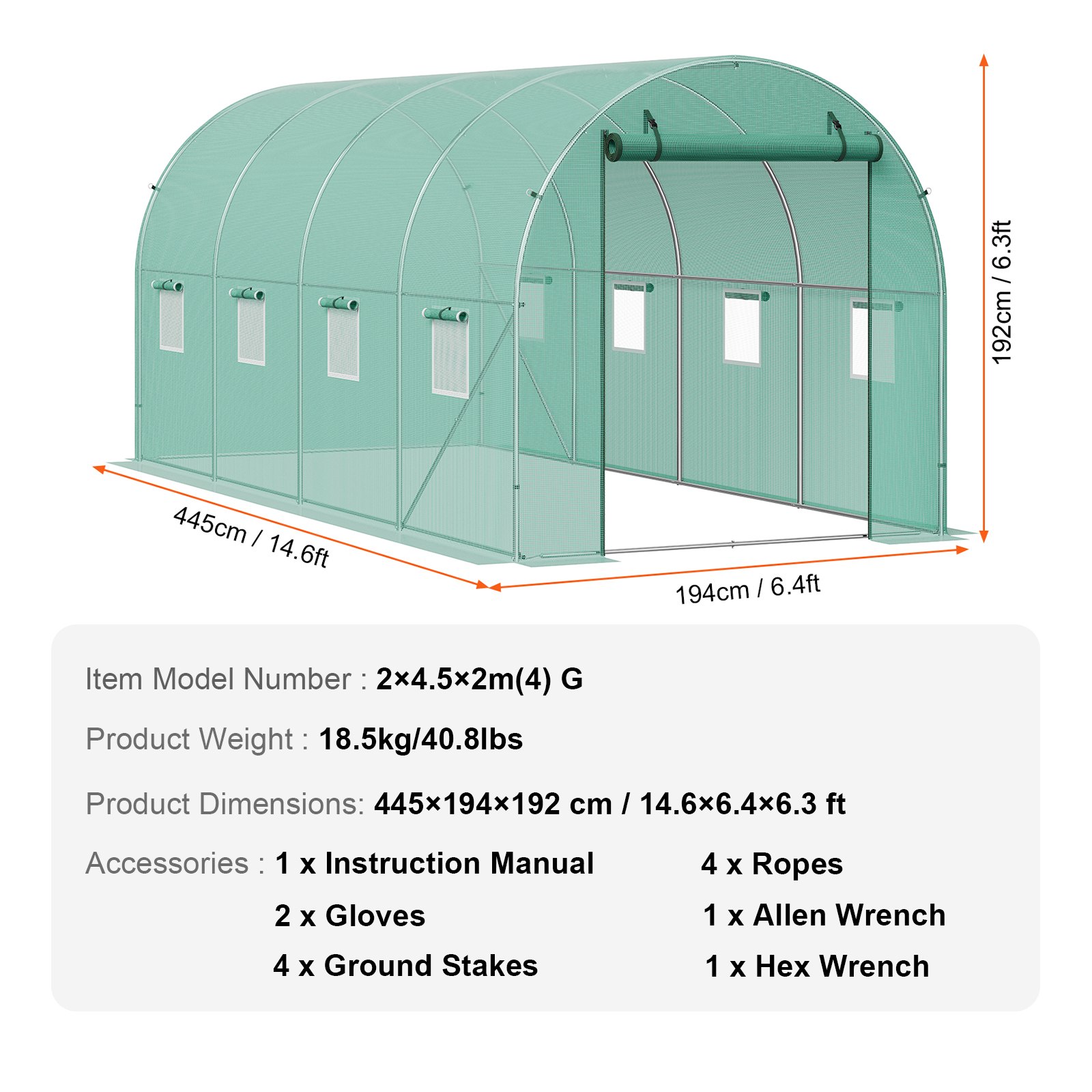 VEVOR walk-in tunnel greenhouse, 4.4 x 1.9 x 1.9 m, foil greenhouse tunnel, plant greenhouse with galvanized steel frame, green PE cover, roll-up zipper door and 8 windows for outdoor use