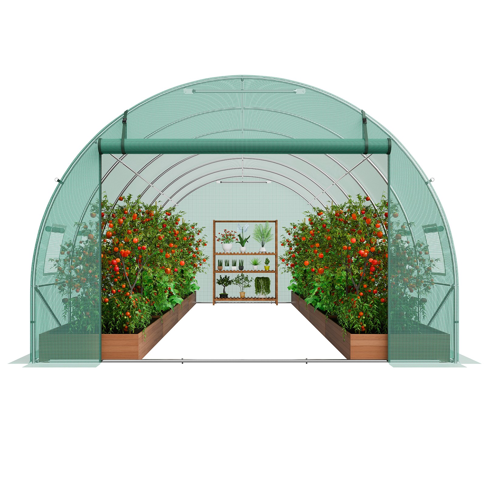 VEVOR Serra a tunnel da esterno per giardinaggio walk-in 50 x 30 x 2 metri, Serra per piante telaio in acciaio galvanizzato, Copertura in PE verde, Porta con cerniera arrotolabile e 12 finestre