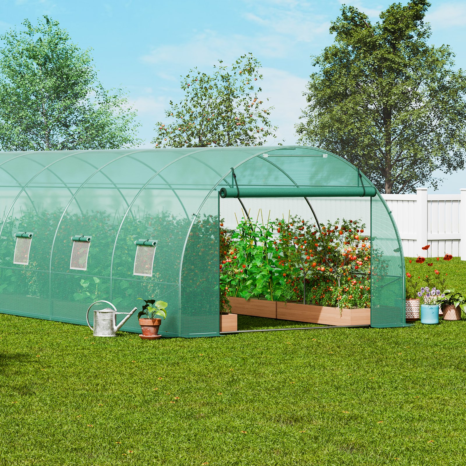 VEVOR Walk-in Tunnel Greenhouse, 29.2 x 9.7 x 6.5 Foot Foil Greenhouse Tunnel, Plant Greenhouse with Galvanized Steel Frame, Green PE Cover, Roll-Up Zipper Door and 12 Windows for Outdoor Use