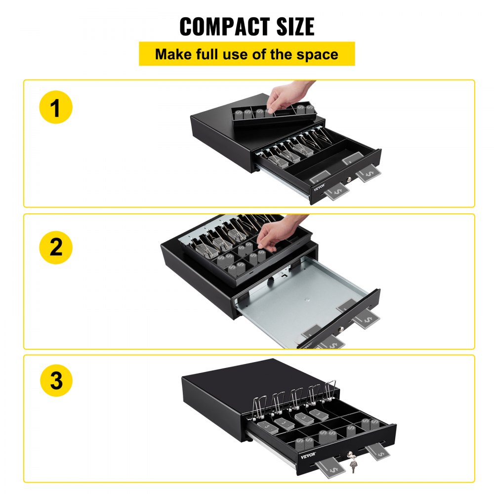 VEVOR Cassetto per Registratore di Cassa, Cassetto Portasoldi Apertura Manuale, Casetta Cassa Soldi Negozio, Cassetta Portavalori con 5 Scomparti per Banconote e 8 per Monete, 41 x 42 x 10 cm (Nero)