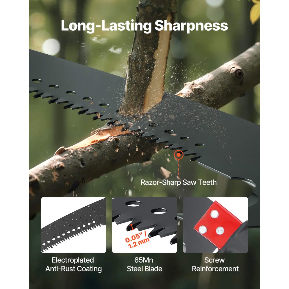 VEVOR Manual Pole Saw, 118-809.3 cm Extendable Pole Tree Pruner, Sharp 65Mn Steel Blade, Lightweight Fiberglass Handle Pole, Double-Hook Saw for High Branch Trimming, Pruning Tool for Palms, Shrubs