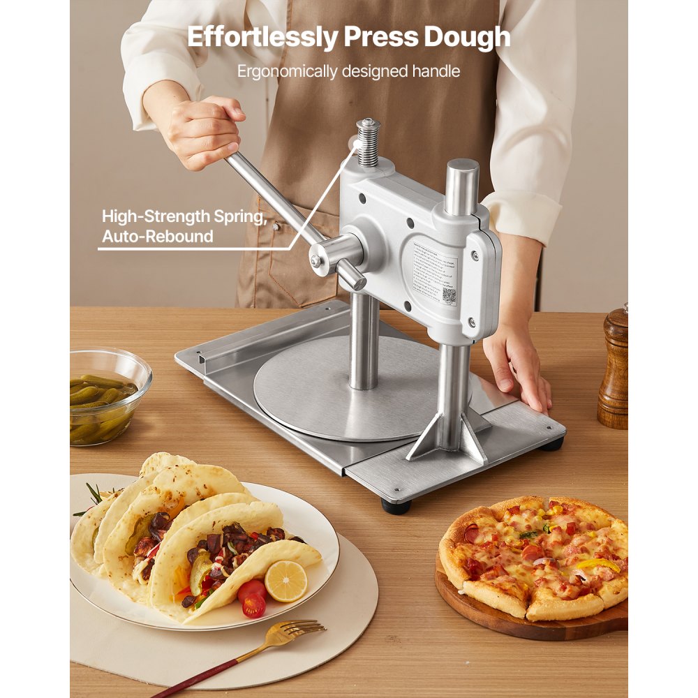 VEVOR Macchina per Pressatura Manuale della Pasta per Pizza, Piastra per Pressatura della Pasta per Pizza in Acciaio Inossidabile, Macchina Formatrice con Maniglia e 100 Fogli di Carta da Forno