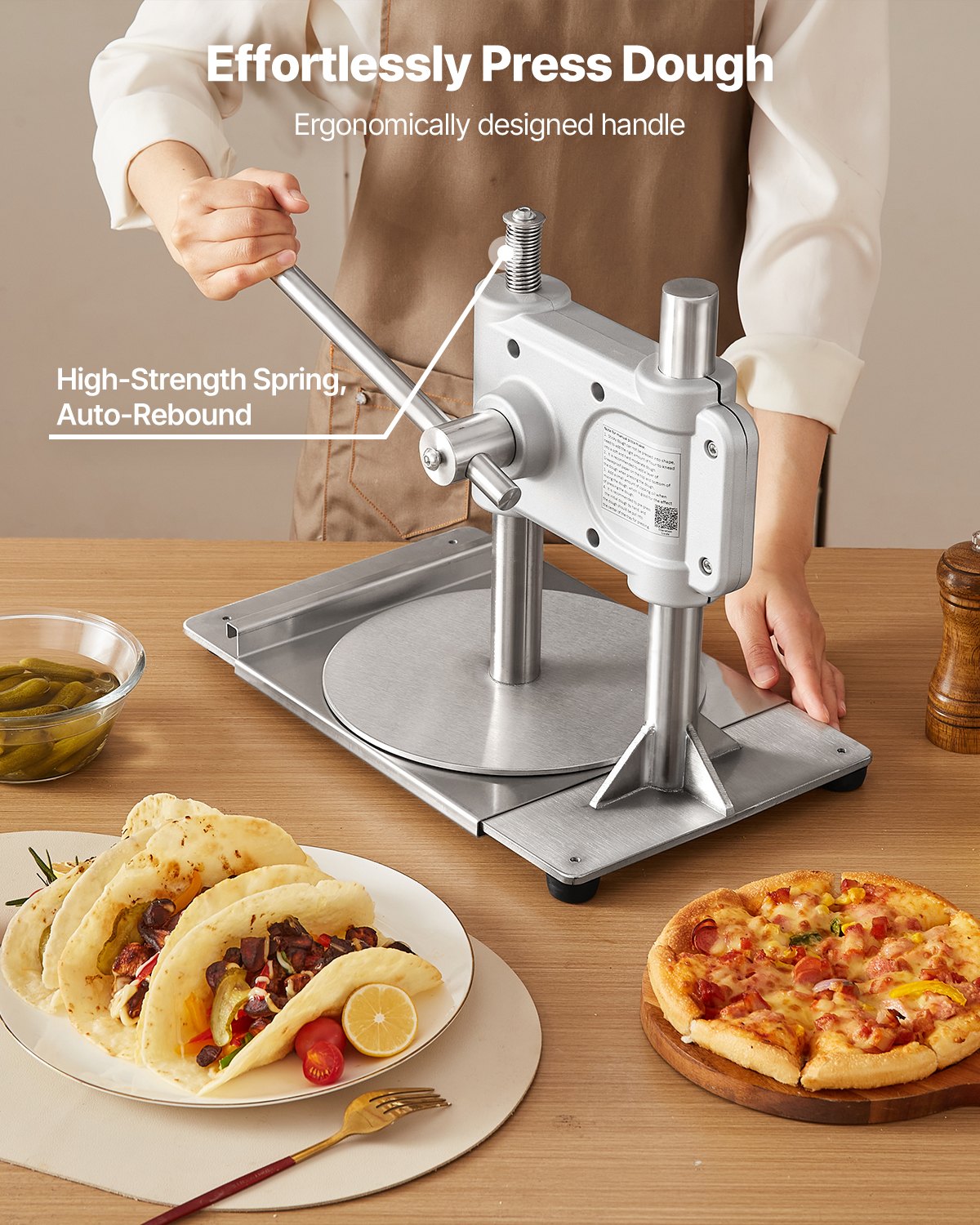 VEVOR Macchina per Pressatura Manuale della Pasta per Pizza, Piastra per Pressatura della Pasta per Pizza in Acciaio Inossidabile, Macchina Formatrice con Maniglia e 100 Fogli di Carta da Forno
