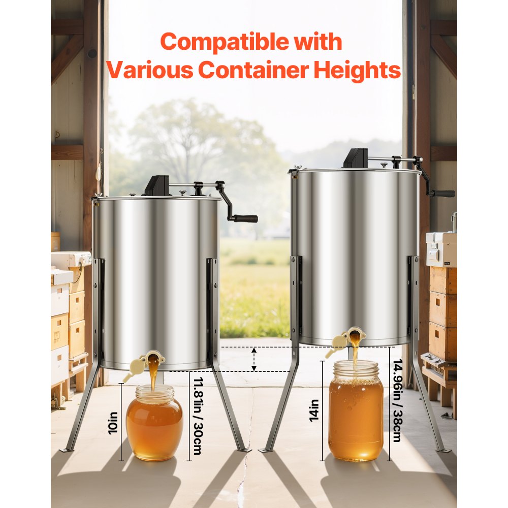 VEVOR Estrattore di Miele in Acciaio Inox, Centrifuga Manuale per Miele 4/8 Telaini, con Coperchio Trasparente, Regolabile in Altezza, Apicoltura per Estrazione di Favi, 470 x 610 x 1080 mm
