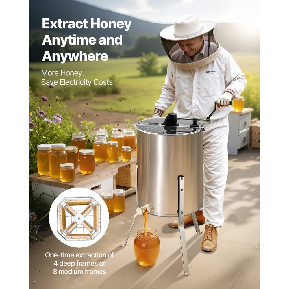 VEVOR Honey Extractor, 4/8 Frame, Manual Tangential Extractor with Transparent Lid, Stainless Steel Honey Extractor with Height-Adjustable Stand, Comb Extraction Device for Beekeeping