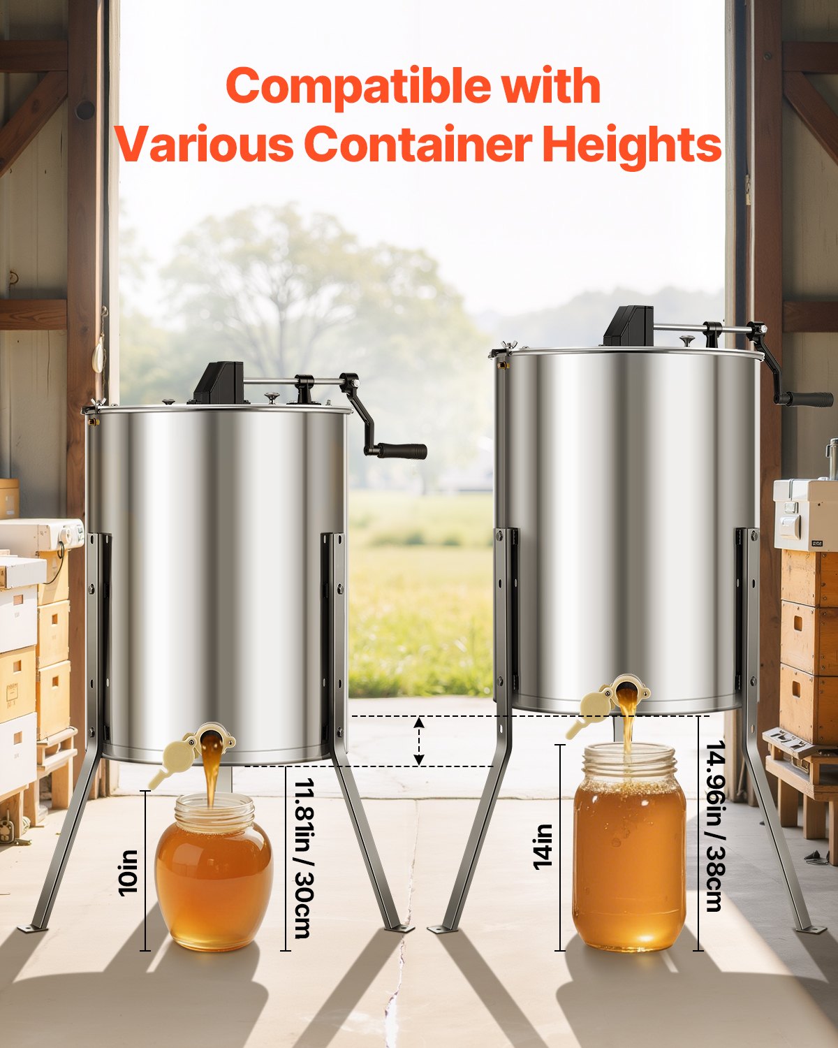 VEVOR Estrattore di Miele in Acciaio Inox, Centrifuga Manuale per Miele 4/8 Telaini, con Coperchio Trasparente, Regolabile in Altezza, Apicoltura per Estrazione di Favi, 470 x 610 x 1080 mm