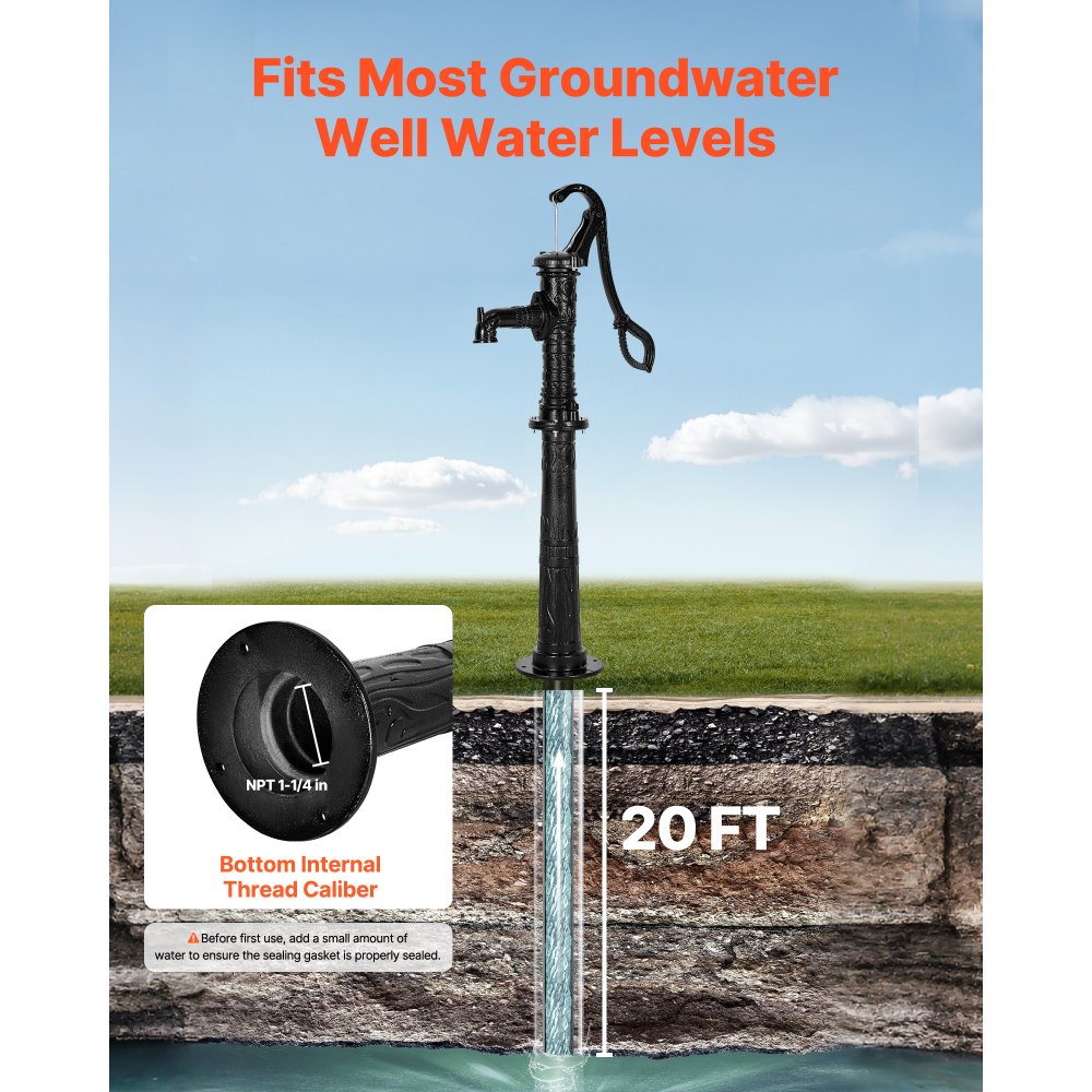 VEVOR Pompa Manuale per Pozzo, Sollevamento Massimo di 6 m, Pompa Manuale per Acqua in Ghisa Antica, con Base Rialzata e Attacco NPT, Vecchio Stile per Giardino Esterno, Stagno, Nero