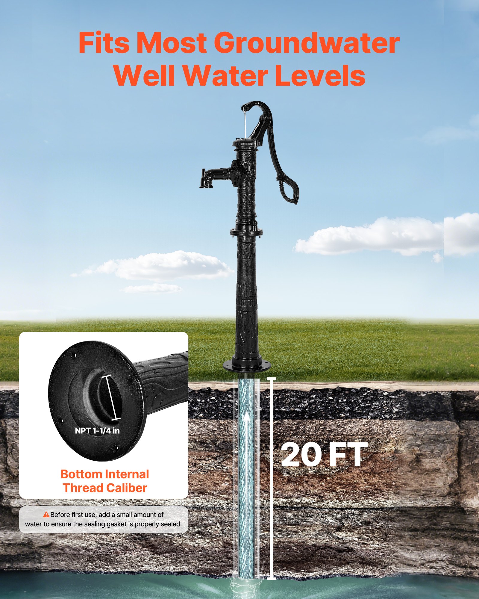 VEVOR Well Hand Pitcher Pump, 20 ft Max Lift, Antique Cast Iron Manual Hand Water Pump with Heightening Base, NPT 1-1/4 in Connection, Easy Installation, for Outdoor Garden, Pond, Yard, Farm, Black