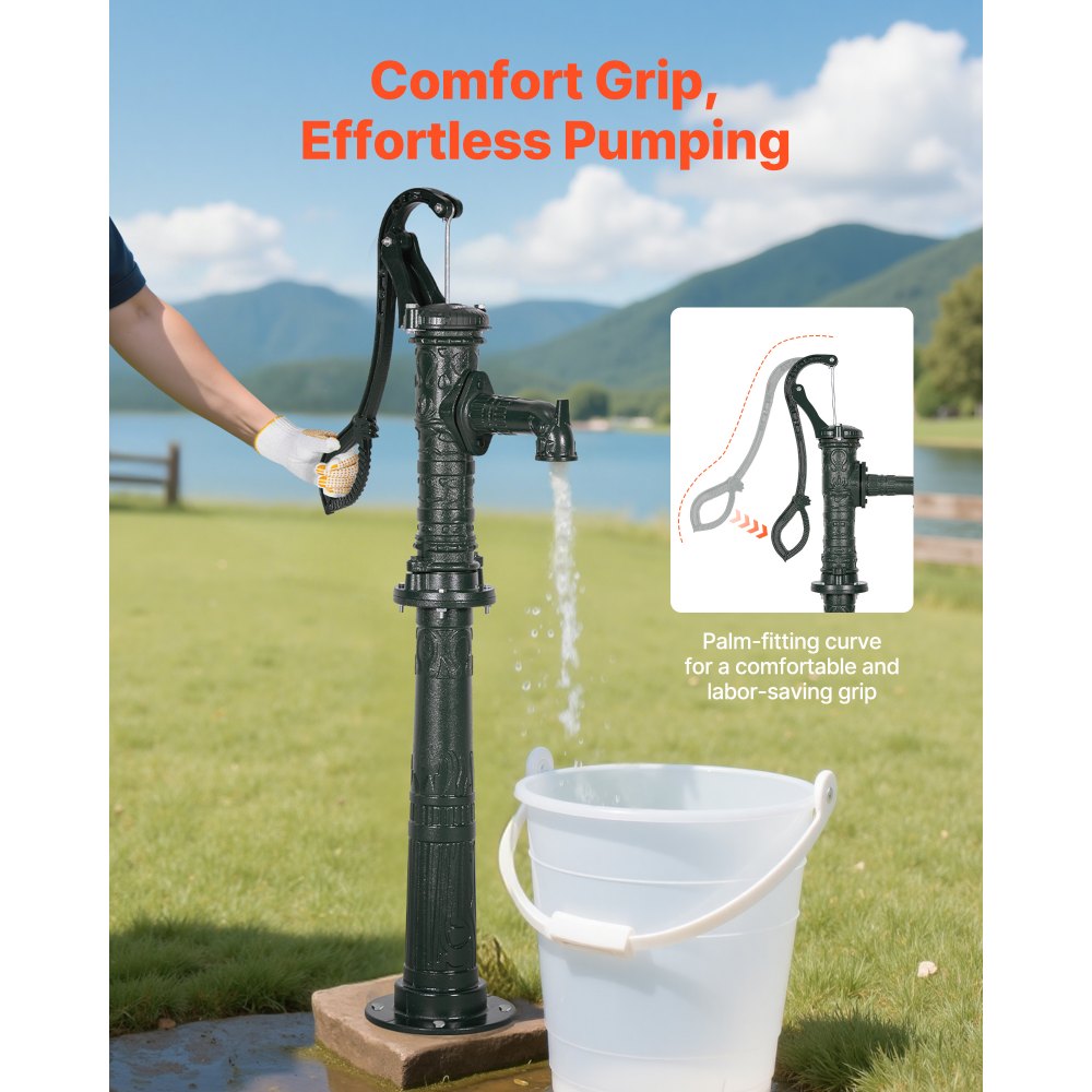 VEVOR Well Hand Pitcher Pump, 20 ft Max Lift, Antique Cast Iron Manual Hand Water Pump with Heightening Base, NPT 1-1/4 in Connection, Easy Installation, for Outdoor Garden, Pond, Yard, Farm, Green