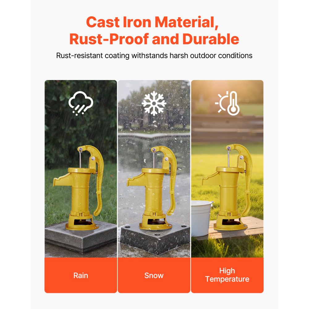 VEVOR Pompa Manuale per Pozzo, Sollevamento Massimo di 7,6 m, Pompa Manuale per Acqua in Ghisa Antica, Attacco NPT, Facile Installazione, Vecchio Stile per Giardino Esterno, Stagno, Giallo
