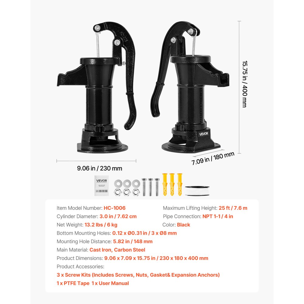 VEVOR Pompa Manuale per Pozzo, Sollevamento Massimo di 7,6 m, Pompa Manuale per Acqua in Ghisa Antica, Attacco NPT, Facile Installazione, Vecchio Stile per Giardino Esterno, Stagno, Nero