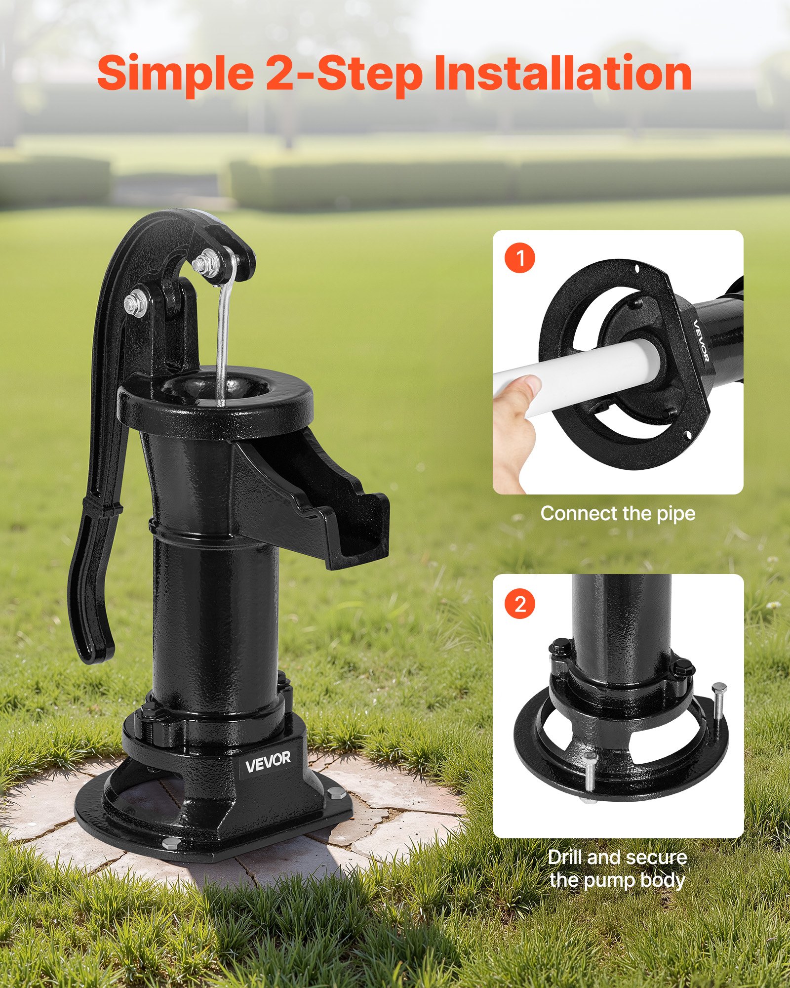 VEVOR Pompa Manuale per Pozzo, Sollevamento Massimo di 7,6 m, Pompa Manuale per Acqua in Ghisa Antica, Attacco NPT, Facile Installazione, Vecchio Stile per Giardino Esterno, Stagno, Nero